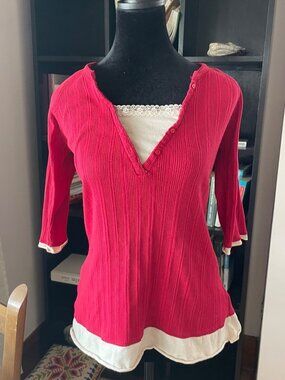 Vintage Y2K Red Cream Layered Top 1X Plus Size Lace Sequin Cami Ribbed Coquette